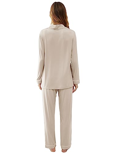 Cherrydew Women Bamboo Viscose Pajama Sets Super Soft Comfy Breathable Cooling Sleepwear Long Sleeve Button Down Loungewear - color: Cream, size: Medium