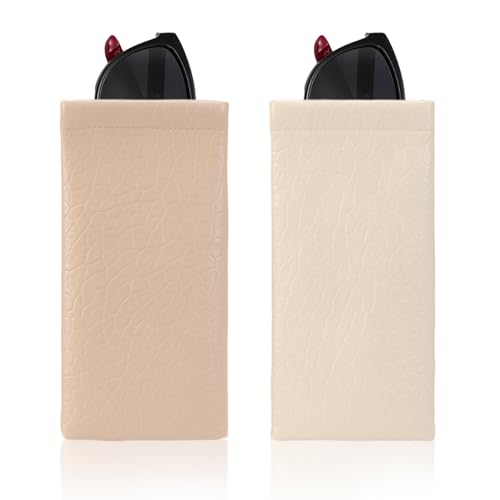 Squeeze Top Sunglass Pouch - Portable Sunglass Organizer Pouch Bags Soft PU Leather Glasses 2 Pack - color: Light Beige+beige