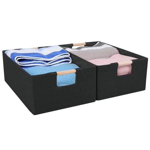 ANMINY 2PCS Large Closet Storage Baskets for Shelves, 16.5 x 12 Inch Collapsible Fabric Storage Bins with Wood Handles Cloth Shelves Organizer Bins Decorative Fabric Baskets - Large, Black - color: Black, size: Large (Pack of 2)
