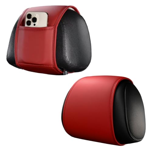 2PCS Car Headrest Covers for Back Seat, Leather Dirt-Proof Car Seat Head Rest Protector with Pocket, All Season Universal Auto Interior Decoration Headrest Organizer for Phone, Key (Wine Red) - color: Wine Red