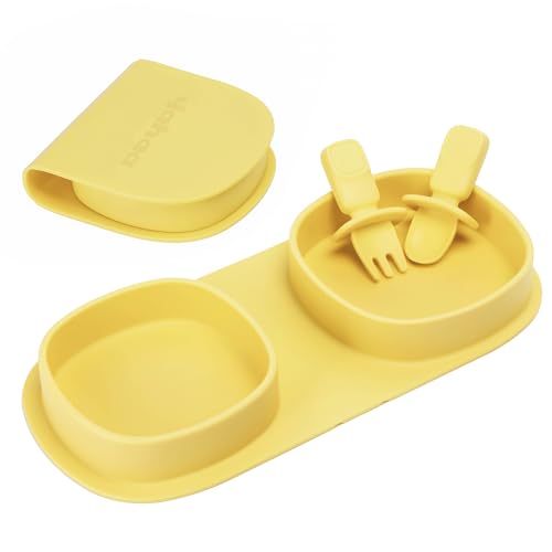 Silicone Foldable Novelty Dinner Plates, Baby Plates Travel Essential with Forks and Spoons, Microwave & Dishwasher Safe, Lemon - color: Lemon, style: No-Suction