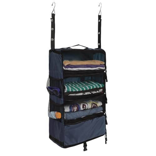Surblue Travel Hanging Luggage Organizer Portable Suitcase Closet Organizer Multiple Compartments Collapsible Compression Packing Cubes Shelf, Navy, S - color: Navy-A, size: S_9×7×18in