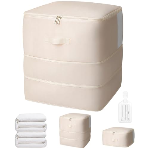 1 Pack Comforter Storage Bag, 136L Blanket Storage Bags Self Compression Comforter Organizer and torages, Space Saving Washable Compression Bags for Blanket Bedding Pillow Duvet Quilt, Beige - color: Beige, size: 136L x 1