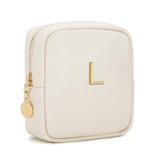 Personalized Birthday Gifts for Women - Initial Makeup Bag Set Travel Toiletry Bag Cosmetic Bags Soft Waterproof PU Leather Makeup Pouch Travel Essentials (L, 1pc Beige) - size: 1pc Beige, style: L