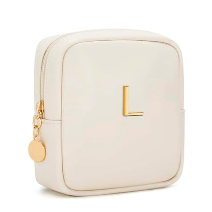 Personalized Birthday Gifts for Women - Initial Makeup Bag Set Travel Toiletry Bag Cosmetic Bags Soft Waterproof PU Leather Makeup Pouch Travel Essentials (L, 1pc Beige) - size: 1pc Beige, style: L