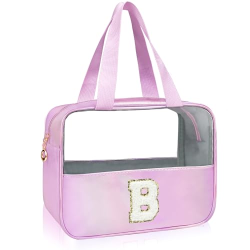 Personalized Initial B Clear Purple Makeup Bag - Large Travel Toiletry Bag, Cute Cosmetic Organizer Set for Girlfriend, Teacher, Teen Girl Gifts - color: Purple, style: B