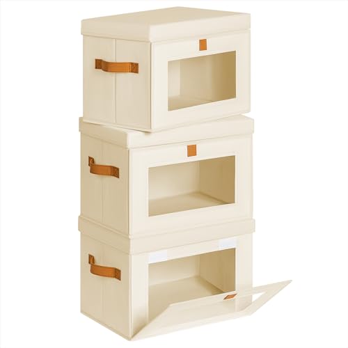 Homsorout Medium Fabric Storage bins - Collapsible Storage Bins with Open Window, 3 Pack Closet Baskets for Shelves, Stackable Decorative Boxes for Home, Dorm, Beige, 13.7"x 9.8" x 9.8" - color: Beige, size: Medium - 3 Pack