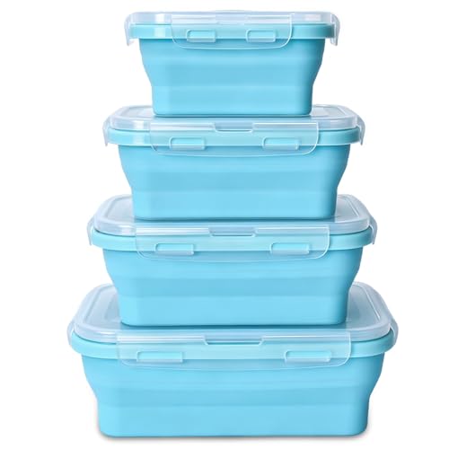 Collapsible Silicone Food Storage Containers 4 Set Airtight Leak Proof Food Containers with Lids Meal Prep for Microwave Freezer Dishwasher for Kitchen Camping Office Sky Blue - color: Sky blue