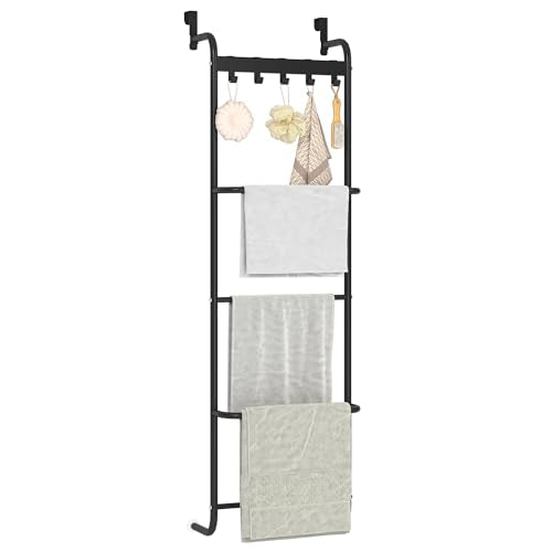 5 Tier Over The Door Towel Racks for Bathroom Wet Towel Drying Rack Clothing Storage Holder with Hooks (Black, 5 Tier) - color: Black