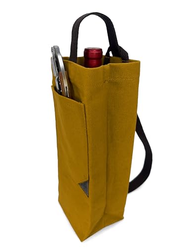 Under NY Sky Wine Tote Bag, Portable Canvas Carrier w/Shoulder Strap, Lightweight, Wine Gift for Travel & Picnic - Single Bottle - Mustard (Wine Bag 1 Slot Mustard) - color: Wine Bag 1 Slot Mustard
