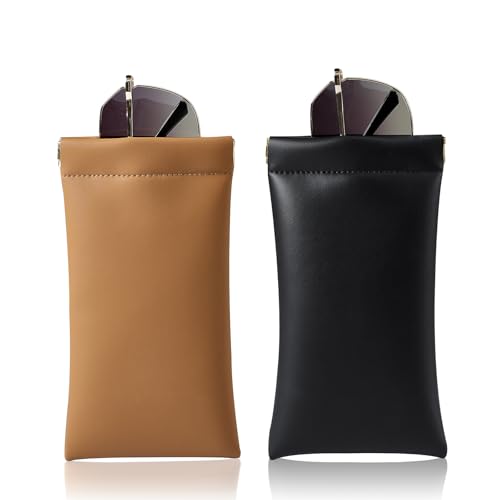 Squeeze Top Sunglass Case, New Organosilicon Soft PU Leather Eyeglass Glass Case Travel Large Sunglasses Pouch - color: Brown+black