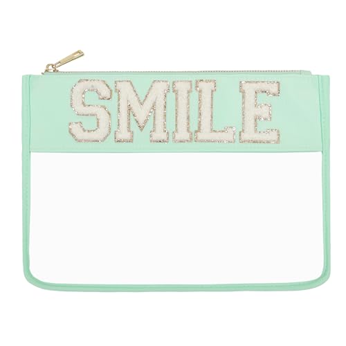 Beach Vacation Essentials Clear Makeup Bag with Glitter Chenille Zipper Cosmetic Pouch for Travelling Women (Mint-Smile) - color: Mint-Smile, size: Flat