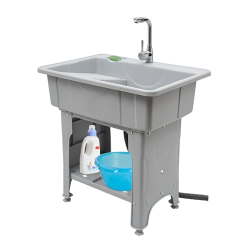 Laundry Sink, Freestanding Plastic Laundry Sink With Washboard Utility Sink Laundry Tub Indoor and Outdoor Utility Sink with Faucet Hoses Drain Kit for Laundry Room Washing Room Garden Garage - color: 31.5*22.05*31.5in -Gray