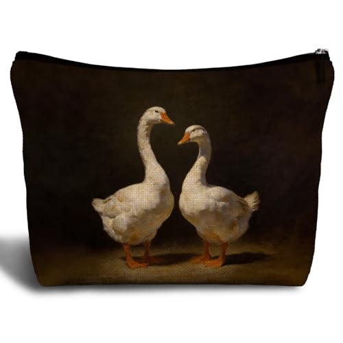 Vintage White Goose Makeup Bag, Goose Lover Gifts Cosmetic Bags for Women, Moody Rustic Farmhouse Geese Animal Makeup Zipper Pouch - color: Two Swan-Black