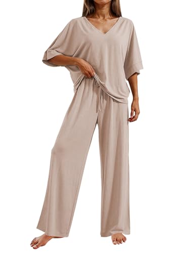 Ekouaer Pajama Sets for Women 2 Piece Lounge Set Short Sleeve Tops and Long Pants Soft Comfy Pjs Sleepwear Outfits S-XXL - color: Beige, size: XX-Large