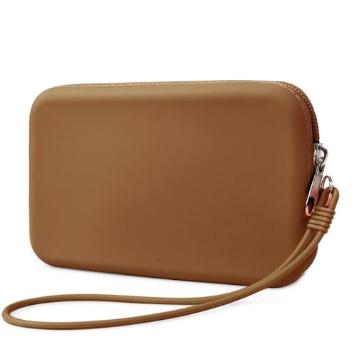 Silicone Small Makeup Bag Pouch for Purse, Travel Toiletry Bag Cute Portable Cosmetic Bag Waterproof Makeup Storage Bag Mini Zipper Clutch Makeup Organizer for Makeup, Beauty Tools (Small Brown) - color: Small Brown