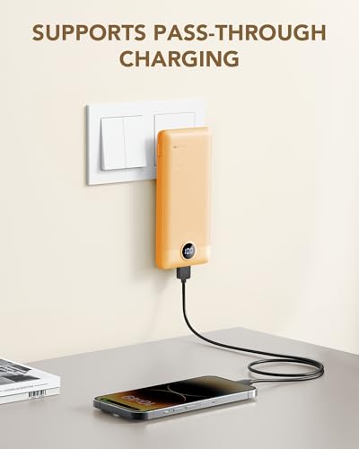 VRURC Portable Charger Built-in Cables and AC Wall Plug, USB C Power Bank 10000mAh, Travel Battery Phone Charger Compact Lightweight External Battery Pack for Smart Phones, Tablets etc-Orange - color: Orange