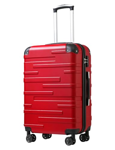 Coolife Hardside Checked Luggage with TSA Lock, Spinner Wheels, Telescopic Handle, Lightweight Suitcase (Red, M(24in)) - color: red, size: Medium (24 In)