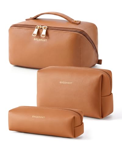 BAGSMART Makeup Bag Travel 3 Pcs Set Cosmetic Bag, Large Make Up Bag Flat Open Toiletry Bag for Women, PU Leather Travel Essentials Organizer Case, Wide-open Pouch for Skincare, Brushes,Classic Brown - color: 31- Classic Brown