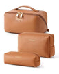 BAGSMART Makeup Bag Travel 3 Pcs Set Cosmetic Bag, Large Make Up Bag Flat Open Toiletry Bag for Women, PU Leather Travel Essentials Organizer Case, Wide-open Pouch for Skincare, Brushes,Classic Brown - color: 31- Classic Brown
