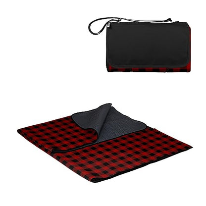 PICNIC TIME Outdoor Picnic Blanket Tote, 59"x51" Foldable Beach & Camping Blanket with Soft Fleece, Water-Resistant Bottom, Adjustable Strap & Zippered Pocket (Red & Black Buffalo Plaid) - color: Red/Black Buffalo Plaid