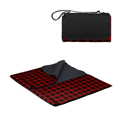 PICNIC TIME Outdoor Picnic Blanket Tote, 59"x51" Foldable Beach & Camping Blanket with Soft Fleece, Water-Resistant Bottom, Adjustable Strap & Zippered Pocket (Red & Black Buffalo Plaid) - color: Red/Black Buffalo Plaid