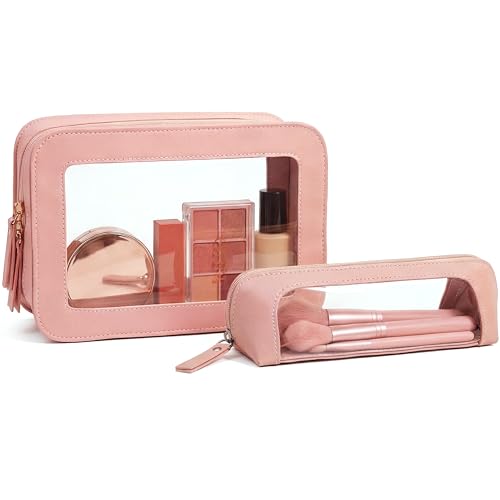 LETGO Clear Travel Makeup Sunscreen Bag, Leather Portable Makeup Brush Bag Organizer Pouch Lipstick Bag Transparent Waterproof Makeup Bag Beach Orangizer Storage Bag for Women (Dual Pink) - color: Dual Pink