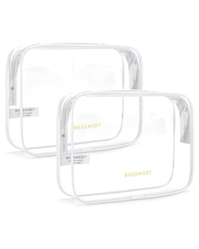 BAGSMART Clear Toiletry Bag, 2 Pack TSA Approved Travel Toiletry Bag Carry on Travel Accessories Bag Airport Airline Quart Size Bags Water Repellent Makeup Cosmetic Bag for Women (White-2pcs) - color: Classic White, size: 2 Pack, Medium