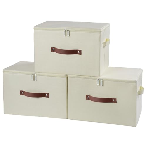 3 Pack Storage Bins with Zipper Lid Fabric Lidded Storage Boxes Baskets Cubes Washable Collapsible PU Leather Handle Cotton Linen Fabric Shelf Closet Organizer Container(Beige, Large Size) - color: Beige, size: Large ( Set of 3 )