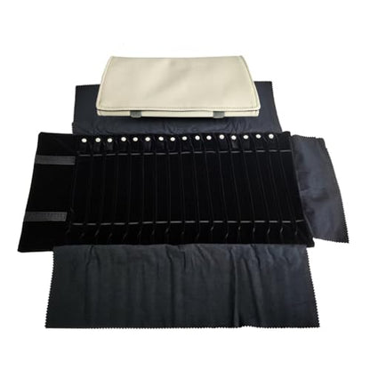 Portable Jewelry Roll Untangled Secure Necklace Travel Storage Bag Displays Holder 16 Chain (Gray PU and Black Velvet) - color: Gray PU and Black Velvet