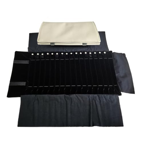 Portable Jewelry Roll Untangled Secure Necklace Travel Storage Bag Displays Holder 16 Chain (Gray PU and Black Velvet) - color: Gray PU and Black Velvet
