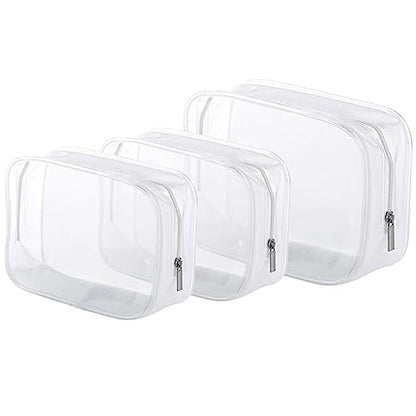 3 Pack Clear Plastic Zippered Toiletry Carry Pouch TSA Approved Toiletry Bag Portable Cosmetic Makeup Bag for Vacation, Bathroom and Organizing (White 3Pcs, Small/Large) | TSA Approved, Portable Cosmetic Makeup Bag, For Vacation, Bathroom and Organizing -