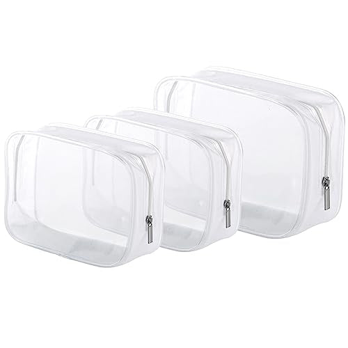 3 Pack Clear Plastic Zippered Toiletry Carry Pouch TSA Approved Toiletry Bag Portable Cosmetic Makeup Bag for Vacation, Bathroom and Organizing (White 3Pcs, Small/Large) | TSA Approved, Portable Cosmetic Makeup Bag, For Vacation, Bathroom and Organizing -