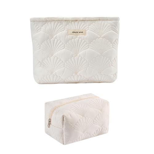 uekeboag 2Pcs White Shells Quilted Cotton Makeup Pouch Set,Coquette Quilted Toiletry Bag for Women and Girls, Floral Coquette Organizer Bag, Aesthetic Travel Cosmetic Bags(2Pcs White Shells) - color: 2Pcs White Shells