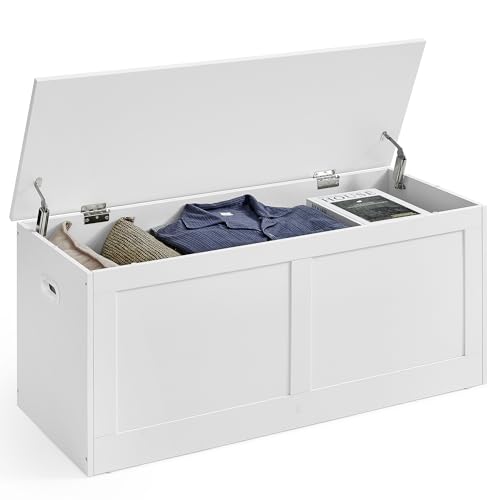 VASAGLE Storage Chest, Storage Trunk with 2 Safety Hinges, Storage Bench, Shoe Bench, Farmhouse Style, 15.7 x 39.4 x 18.3 Inches, for Entryway, Bedroom, Living Room, Cloud White ULSB164W01 - color: Cloud White, size: 39.4"W x 18.3"H, style: Modern