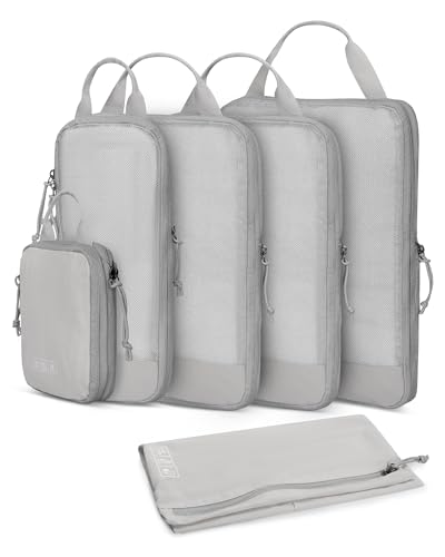 Hynes Eagle 6 Set/ 4 Set/ 2 Set Compression Packing Cubes Travel Essentials Lightweight Nylon Luggage Suitcase Organizer Bag Light Grey 6PCS - color: Light Grey-6 PCS