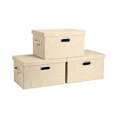 Collapsible Storage Bin with Lid Linen Fabric Foldable Storage Box Organizer with Cover Suitable for Home Bedroom Office Nursery (Beige, Small-3Pack) - color: Beige, size: Small-3Pack
