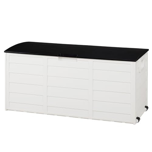 Vasitelan 75 Gallon Outdoor Storage Box, Lockable Plastic Storage Containers with Lid, Patio Deck Box Furniture for Garden, Pool, Balcony, Yard (White&Black) - color: White&Black