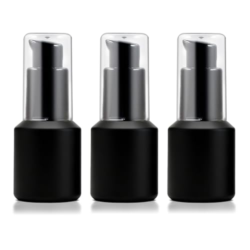 3PCS 15ML/0.5OZ Empty Black Frosted Glass Bottles with Pump Refillable Vial Cosmetic Dispenser Jars Storage Travel Lotion Container Portable Sample Bottle for Toiletries,Foundation,Cream,Gel,Lotion - color: Black, size: 0.5 OZ