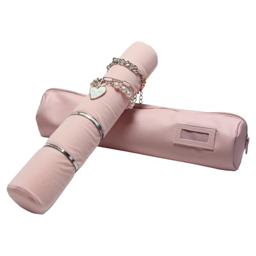 UnionPlus Travel Jewelry Roll, Velvet Inner Roll Organizer for Brackets Bangles Watches, Great Jewelry Organizer for Travel, Pink Leatherette - color: Pink Leatherette, size: Large