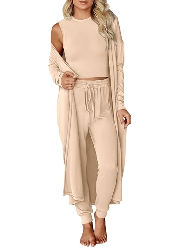 KIRUNDO 3 Piece Lounge Sets for Women Airport Travel Vacation Outfits 2026 Fall Cardigan Matching Sleeveless Top Jogger Pants - color: Beige, size: Large