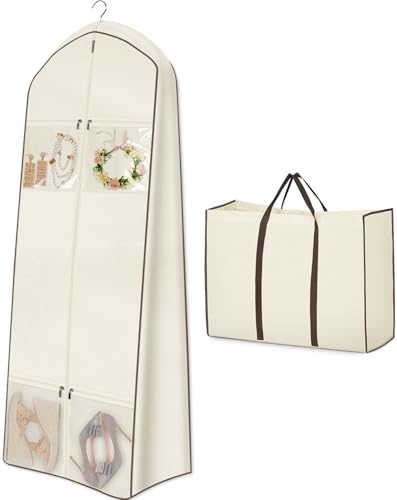MISSLO Portable Wedding Dress Garment Bag with Bride Tote Bag 8'' Gusseted Dress Bags for Gowns Long 4 Pockets Dress Cover for Women (Beige, 65 inch) - color: Beige, size: 65 inch