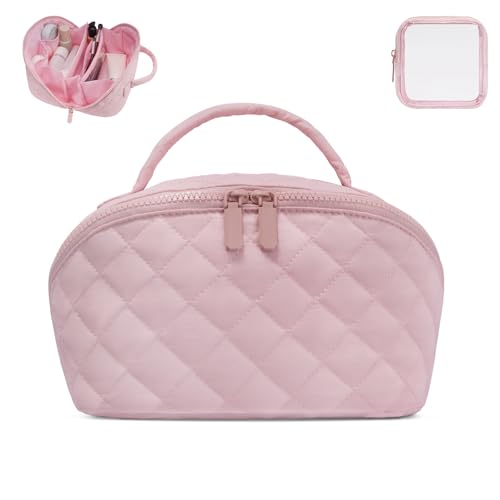 Makeup Bag,Quilted Puffer Cosmetic Bags,Travel Toiletry Bag for Women,Large Capacity Waterproof Make up Bag Set - color: Pink, size: Large