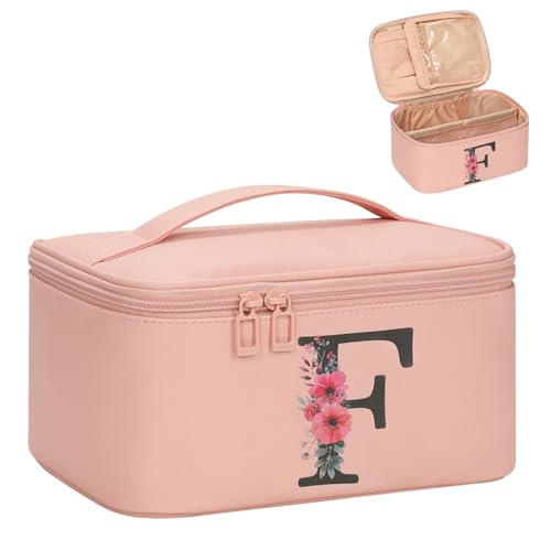 OCHEAL Initial Makeup Bag,Monogram Make up Bag Pink Travel Makeup Organizer Case Beauty Toiletry Cosmetic Bag with Brush Holder, Trendy Stuff Personalized Gifts for Women and Girls-F - color: Pink, style: F
