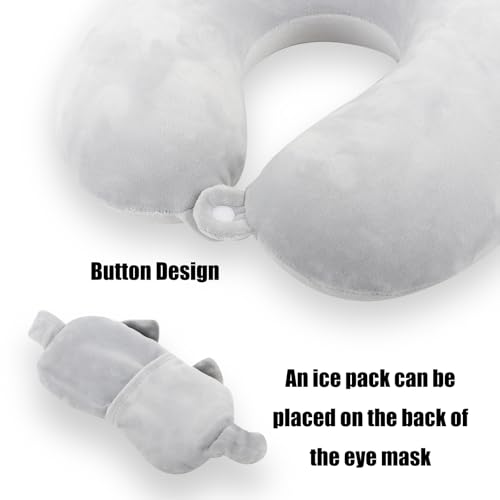 Kids Neck Pillow for Travel with Sleep Eye Mask, Cute Travel Neck Pillow, Memory Foam Flight Sleeping Headrest Pillow for Boys & Girls, Airplane, Train, Car, Home Use - Grey Cat - color: Grey Cat