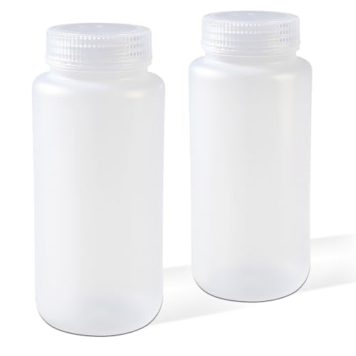 DEMORA 16 oz Plastic Bottles with Lids, Airtight Refillable Wide Mouth Travel Bottles for Toiletries, HDPE Food Grade Plastic Containers for Liquids Pill Water Sample Lab Reagent (Translucent, 2 Pcs) - color: Translucent, size: 16-oz