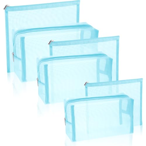 6 Pieces Mesh Makeup Bags Mesh Cosmetic Bag Portable Travel Organizing Zipper Pouch Toiletries Makeup Pouches for Home Office Travel Accessories - color: Light Blue