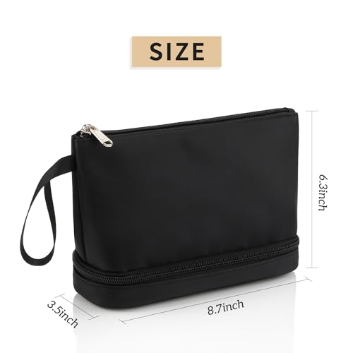Ethereal Small Makeup Bag, 2 Layers Travel Makeup Bag with Makeup Brush Holder, Cosmetic Bag Black Make up Pouch for Women/Girls - color: 02-nylon black
