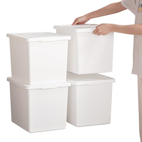 YUNGSHY 4 Pack 27 Quart White Large Stackable Storage Bins With Lids,Bathroom Closet Undersink Organizers and Storage Containers and Durable Nestable Closet, Garage, Totes (white, 27Qt.-4Pack) - size: 27Qt.-4Pack