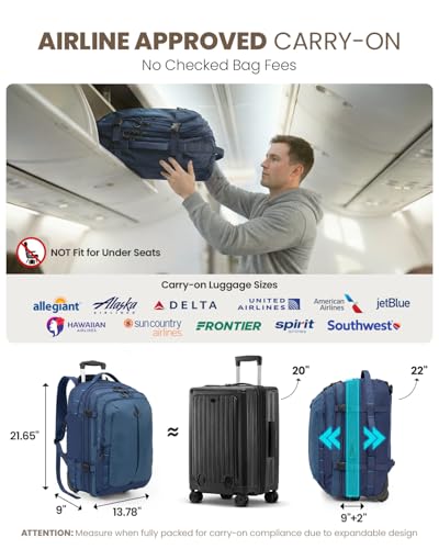 Fanwoli Rolling Vacuum Backpack Travel with One-Button Compression, 55L Expandable, Water Resistant Carry-On Suitcase Luggage, Ideal for Outdoor/Family/Trips - color: Blue